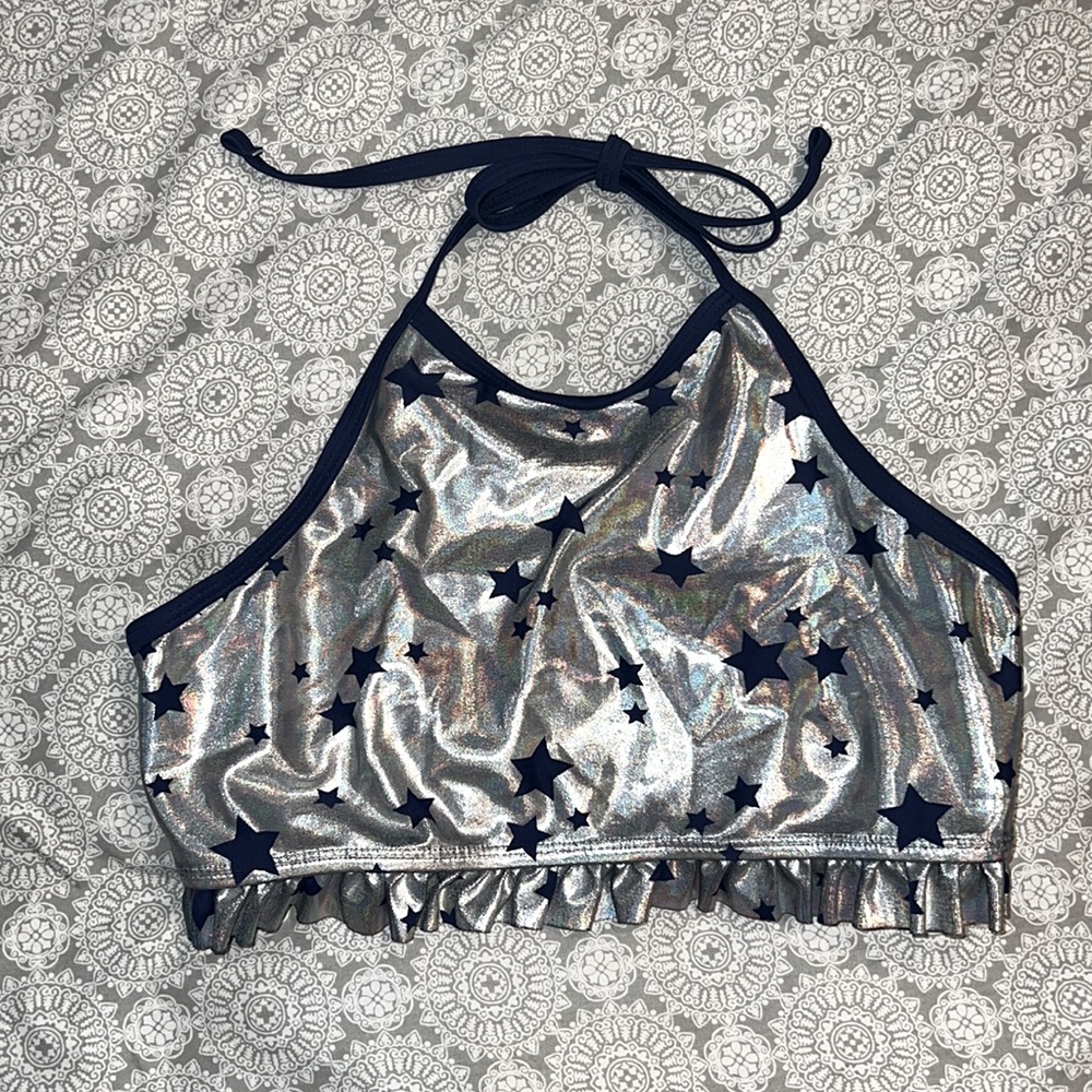 🔆 Metallic with navy blue stars halter swim top gently used SO brand size 14